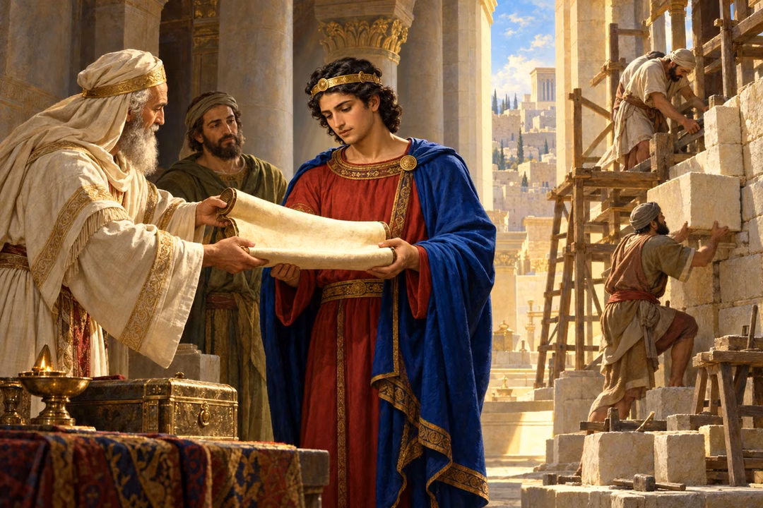 King Josiah receives a recovered scroll while craftsmen restore the temple’s limestone walls.