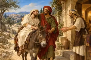 The Good Samaritan supports a weary traveler on a donkey at a welcoming inn.