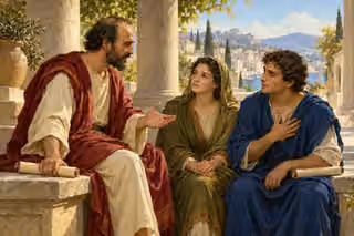 Paul teaches a listening couple beneath a colonnade, an unmarked scroll laid beside him while the young man rests a hand over his heart.