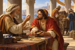 An attentive merchant offers his wealth for a single pearl while humbly listening to its seller.