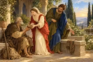 In a quiet cloister garden, two adults welcome an elderly visitor with water and companionship under soft divine light.