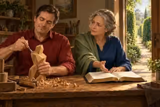 A modern man in a crimson shirt carves a faceless angular wooden figure at a workbench while a concerned older woman in blue and sage gestures toward an open book; a narrow sunlit garden path appears through the doorway.