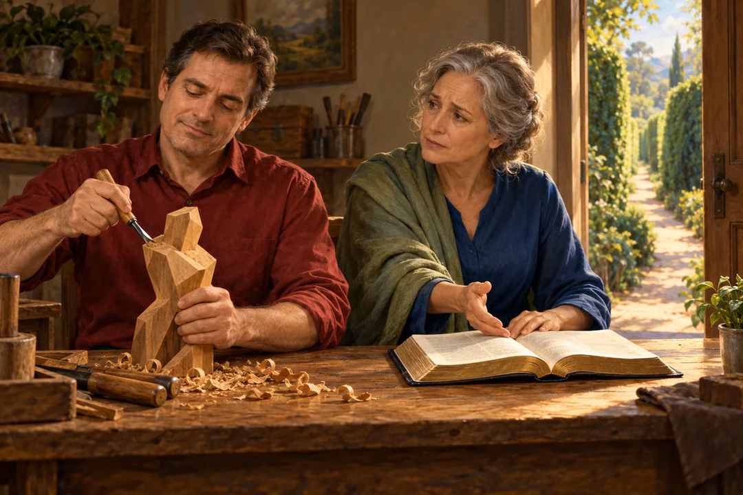 A modern man in a crimson shirt carves a faceless angular wooden figure at a workbench while a concerned older woman in blue and sage gestures toward an open book; a narrow sunlit garden path appears through the doorway.