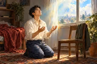 A young man kneels beside a chair in his apartment, looking upward with open hands and a peaceful expression in bright window light.