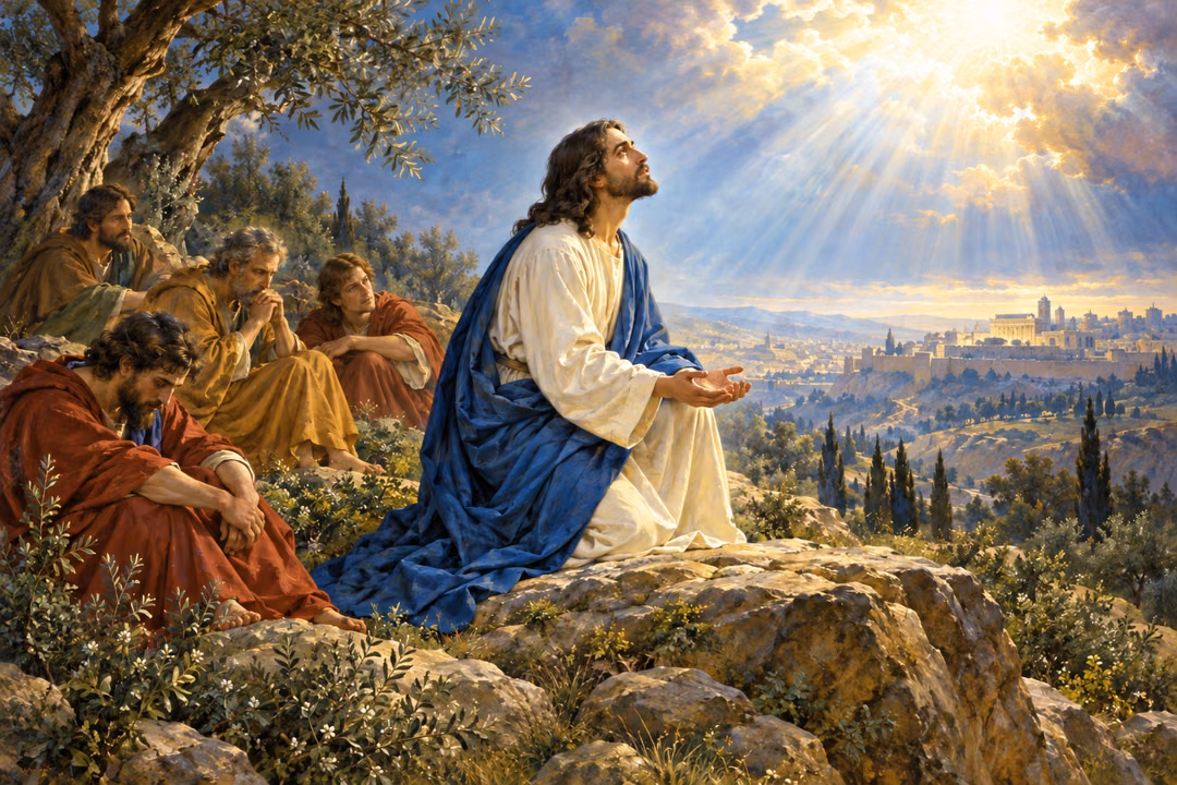Jesus kneels in an olive grove with open hands beneath radiant clouds while four disciples sit quietly nearby.