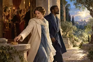 A woman leaves a jeweled bracelet on a stone ledge as she and a man walk from a lavish hall toward a sunlit olive garden.
