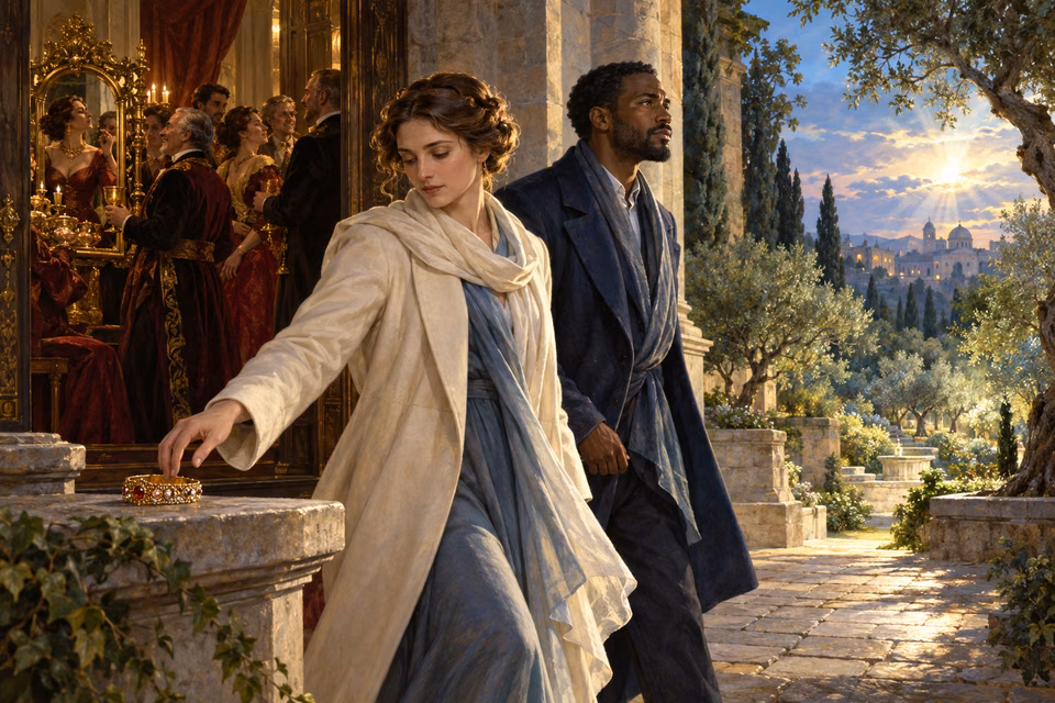 A woman leaves a jeweled bracelet on a stone ledge as she and a man walk from a lavish hall toward a sunlit olive garden.
