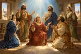 Six disciples pray with lifted faces at Pentecost as gentle flames and descending light signify the Spirit's refreshing presence.