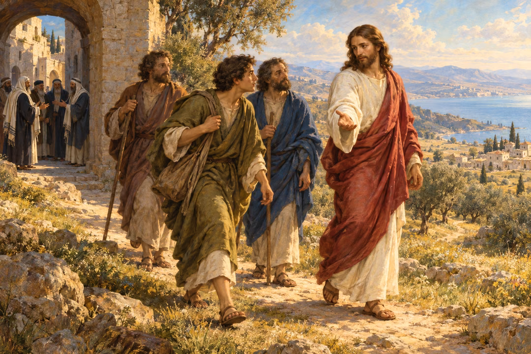Jesus invites disciples onto an open Galilean path while distant scholars remain in discussion at a gateway.