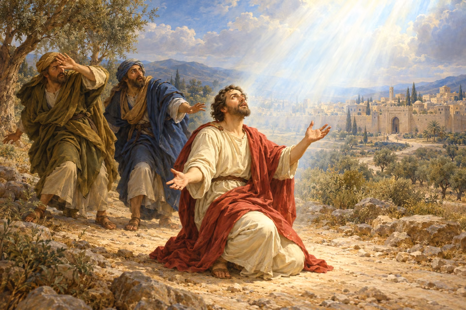 Paul kneels on the road to Damascus beneath overwhelming divine light while his companions witness the encounter that changes his life.