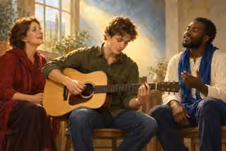 A young man plays an acoustic guitar while a woman and a man sing beside him in a warmly lit prayer gathering.