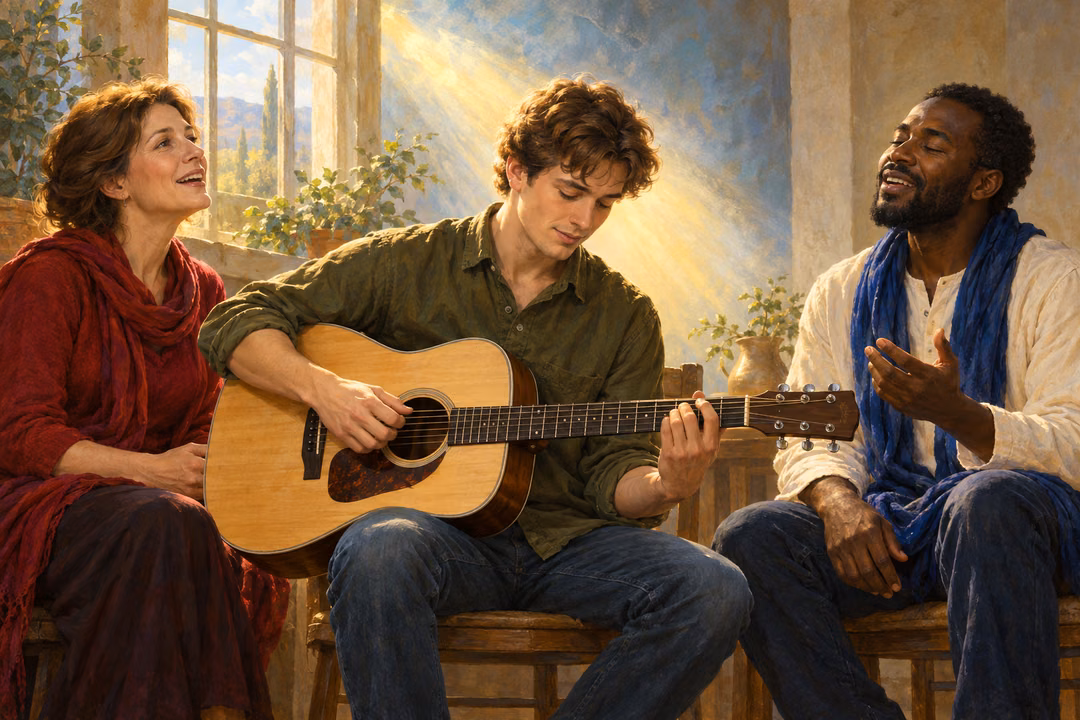 A young man plays an acoustic guitar while a woman and a man sing beside him in a warmly lit prayer gathering.