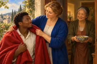 A European woman offers a warm blanket to a young neighbor at a softly illuminated doorway.