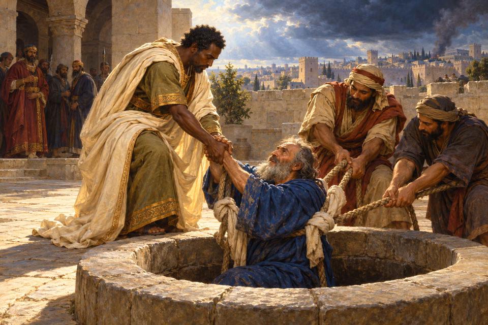Ebed-melech and two helpers lift Jeremiah from a stone cistern as shadowed courtiers watch and smoke rises over distant Jerusalem.