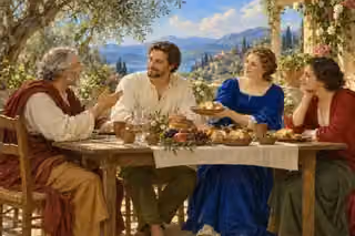 Friends share bread and peaceful conversation around a garden table.