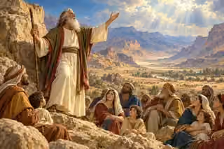 Moses addresses attentive families beside a great rock in a luminous desert valley.