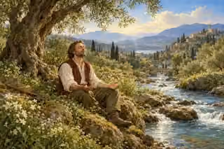 A man rests in thankful prayer beside a flowing stream beneath an olive tree.