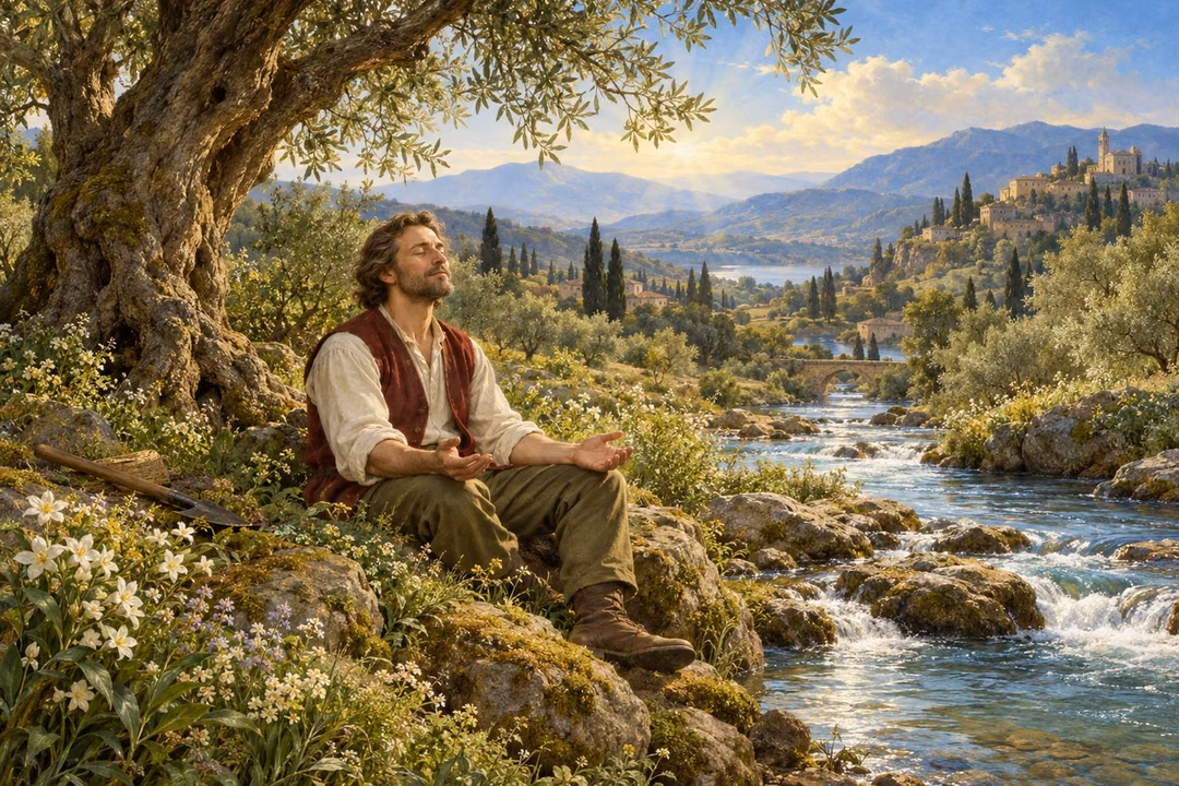 A man rests in thankful prayer beside a flowing stream beneath an olive tree.