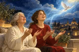 An older woman and her adult daughter pray with open hands on a rooftop terrace as a white dove crosses a luminous blue night sky.