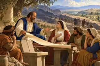 Paul teaches from an unmarked ancient scroll and tablets as a believer reflects on God’s law living within, with Israel’s wilderness journey stretching across the valley.