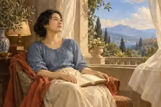 An East Asian woman rests beside a window with an open book on her lap, listening with renewed peace as pale curtains lift in soft morning light.