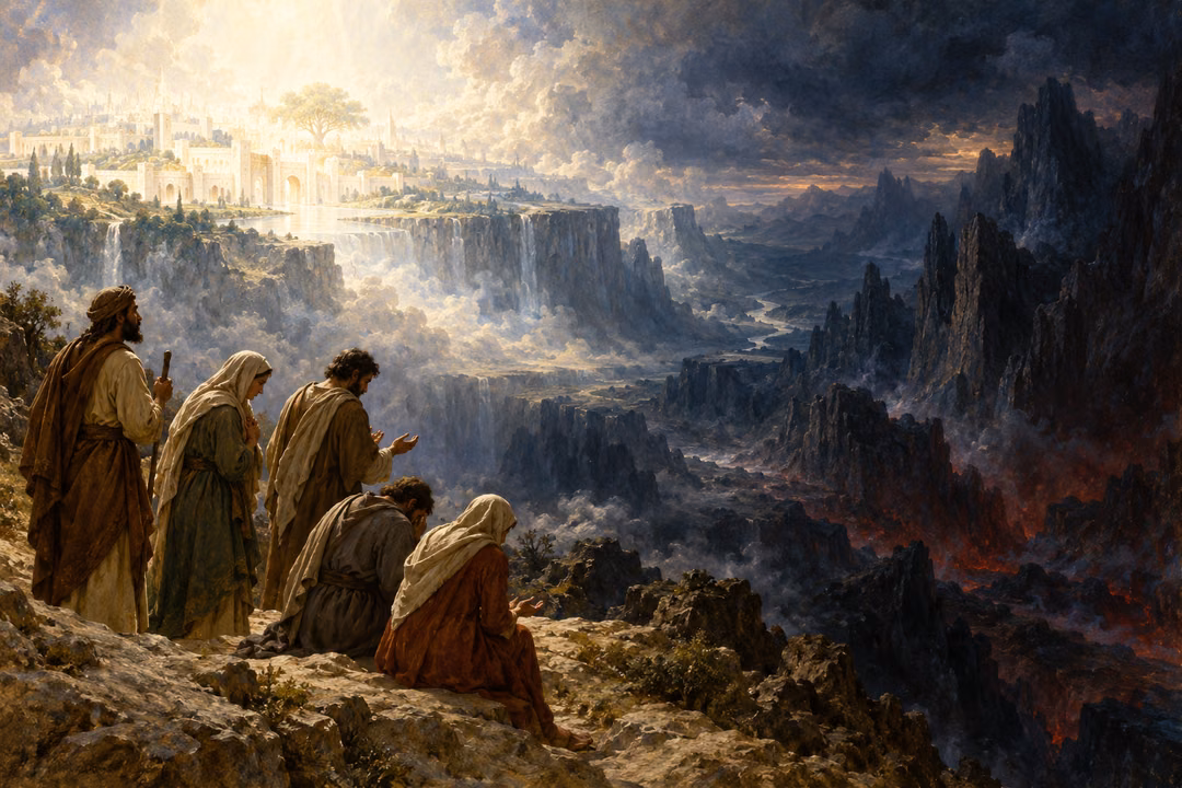 Reverent travelers contemplate a vast gulf between a luminous city and solemn outer darkness.