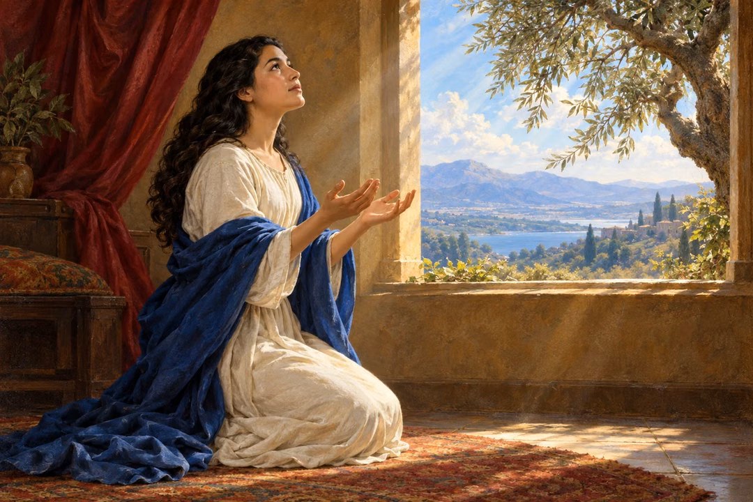A woman prays with open hands beside a sunlit window and olive tree.