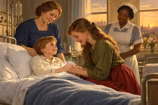 A recovered boy holds his sister's hands in a hospital bed, with his relieved mother and a caring nurse nearby in warm evening light.