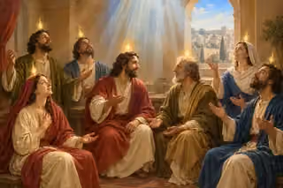 Believers receive the Spirit’s golden light together in an ancient Jerusalem upper room.