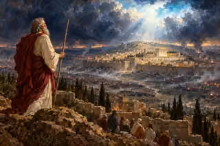 John holds a measuring reed on a rocky ridge above a besieged Jerusalem and Temple as light breaks through immense storm clouds.