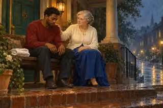 An older woman gently comforts a downcast man on a covered porch beside a rain-soaked city street.