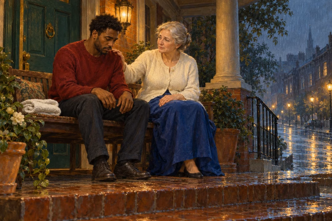 An older woman gently comforts a downcast man on a covered porch beside a rain-soaked city street.