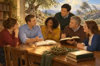 A diverse contemporary group studies unmarked Scripture books together in warm fellowship, with a deeply rooted olive tree beyond the window.