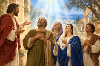 Peter teaches in Cornelius's courtyard while the Gentile household joyfully receives one shared descending spiritual light.