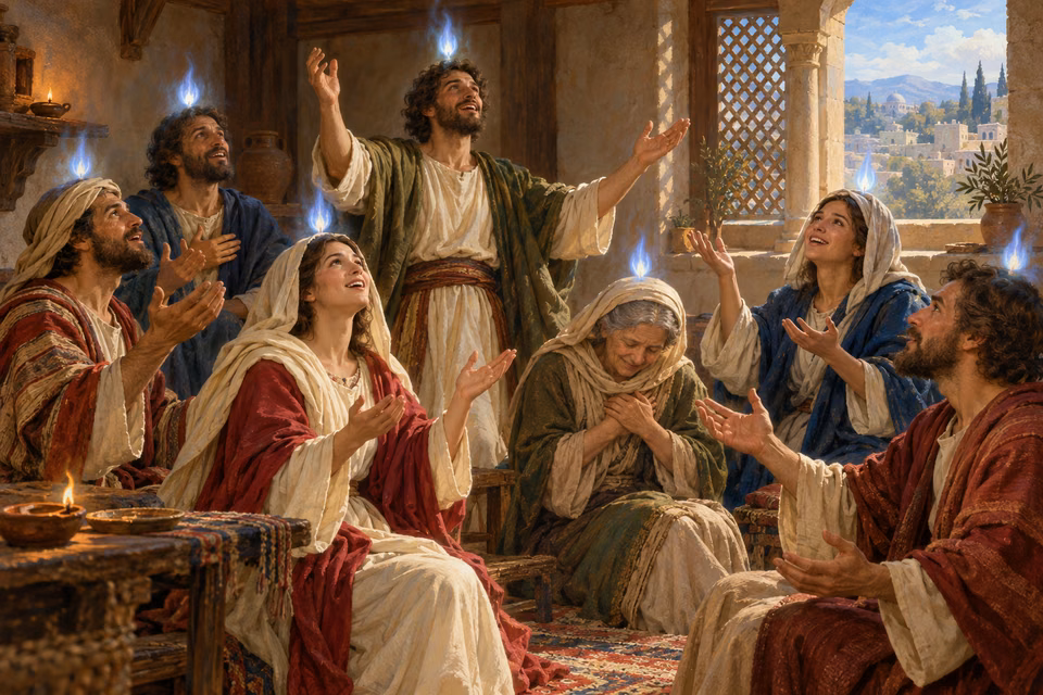 Men and women pray joyfully in a Jerusalem upper room as small luminous flames hover over their heads at Pentecost.