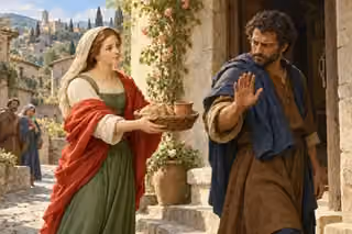 A woman patiently offers bread and water at a neighbor’s doorway while his harsh refusal begins to soften.