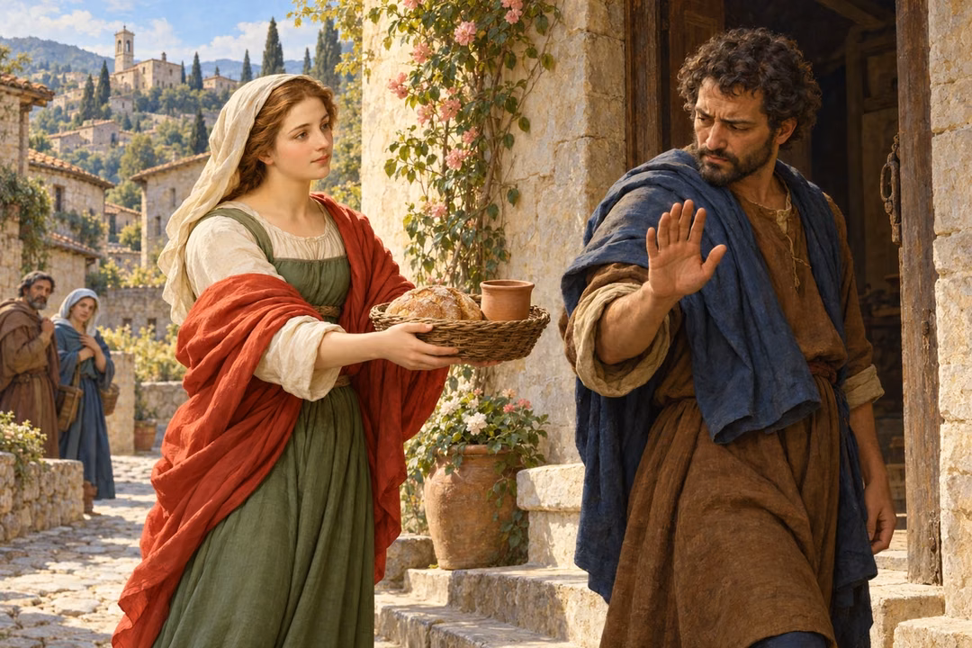 A woman patiently offers bread and water at a neighbor’s doorway while his harsh refusal begins to soften.
