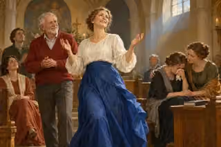 A woman rejoices in worship while friends share joy and comfort a grieving companion.