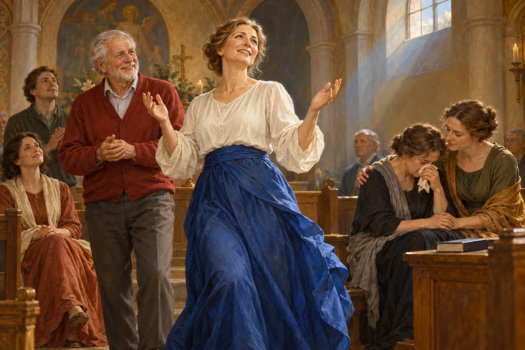 A woman rejoices in worship while friends share joy and comfort a grieving companion.