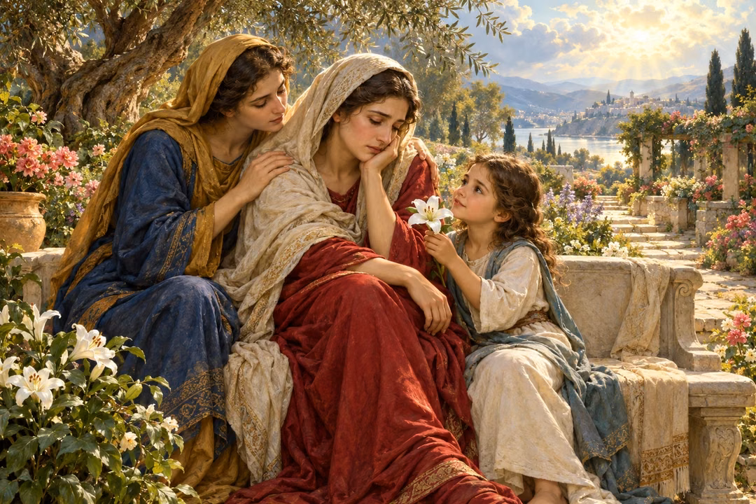 A grieving woman receives comfort from her family in a quiet garden.