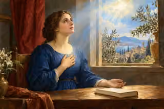 Oil painting of a woman listening inwardly at a desk, one hand over her heart and a closed unmarked book beside her in soft window light.