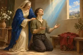 A kneeling man receives divine light as an elder offers encouragement.