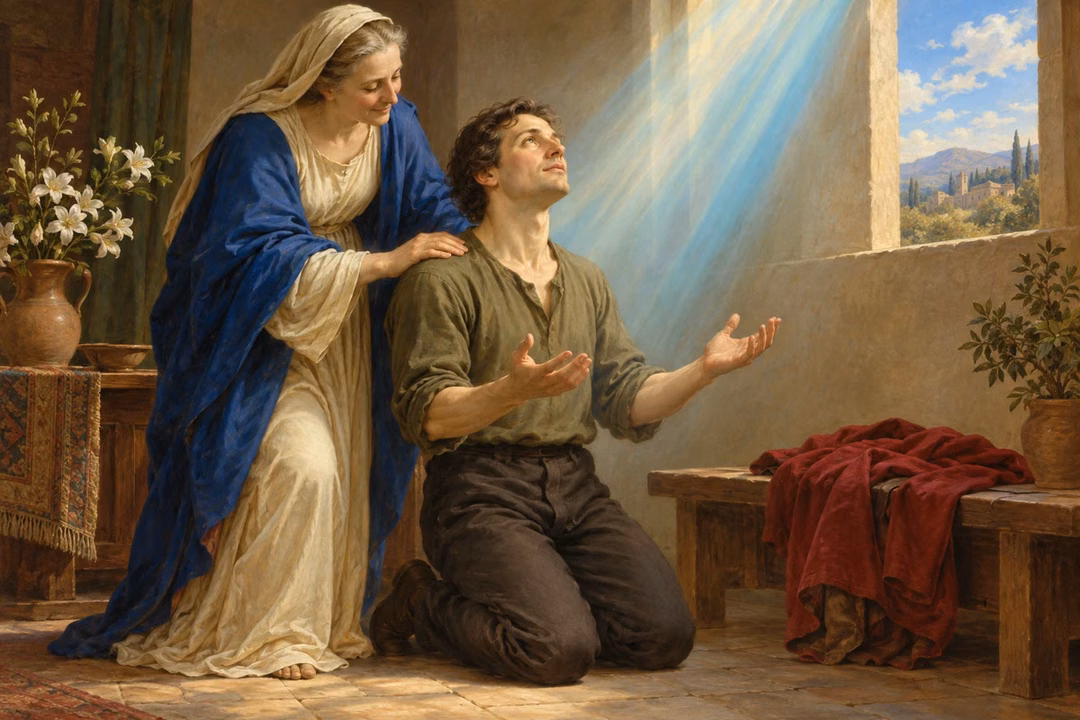 A kneeling man receives divine light as an elder offers encouragement.