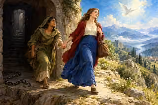 Two women walk hand in hand from a shadowed stone passage onto a radiant mountain path, leaving a loose chain behind beneath a white dove.