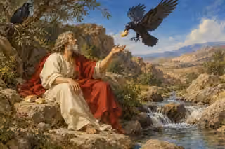 Elijah sits beside a brook and reaches toward a descending raven carrying bread, while another raven rests on an olive branch.