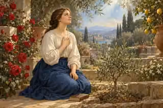 A woman prays beside a flourishing olive sapling as gentle light reaches her heart.