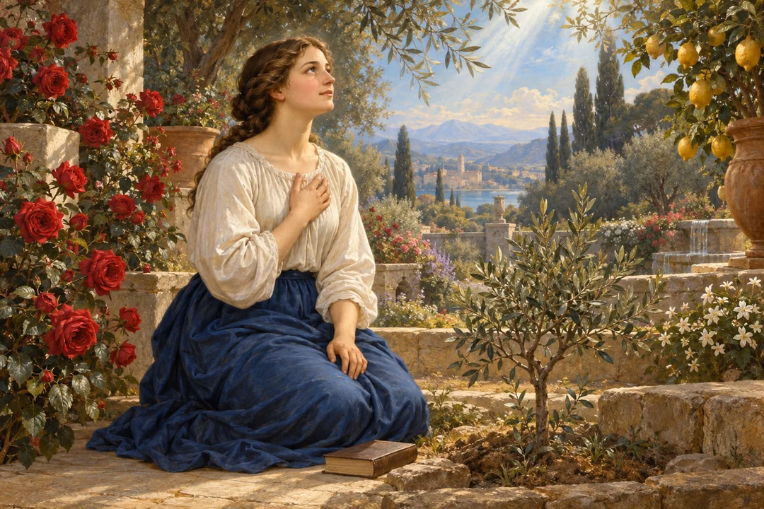 A woman prays beside a flourishing olive sapling as gentle light reaches her heart.