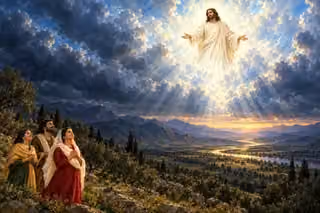 Three believers look toward Christ in radiant clouds above a vast darkened valley.