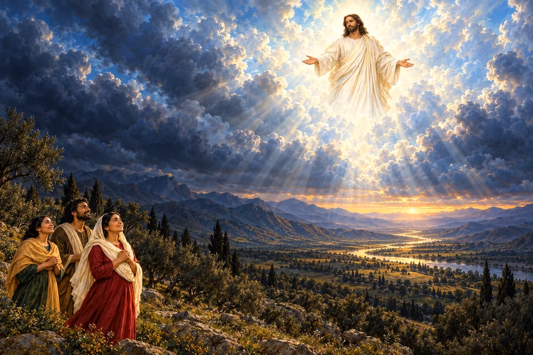 Three believers look toward Christ in radiant clouds above a vast darkened valley.