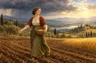 A woman continues sowing through changing weather, with a golden harvest beneath sunlit skies beyond.